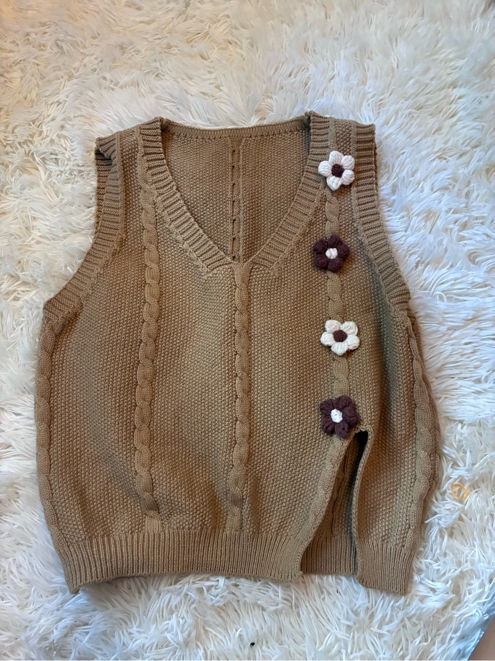 Tan Cable Knit V-Neck Sweater Vest with Floral Buttons